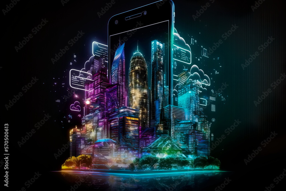 Smart city on digital smartphone. Generative AI