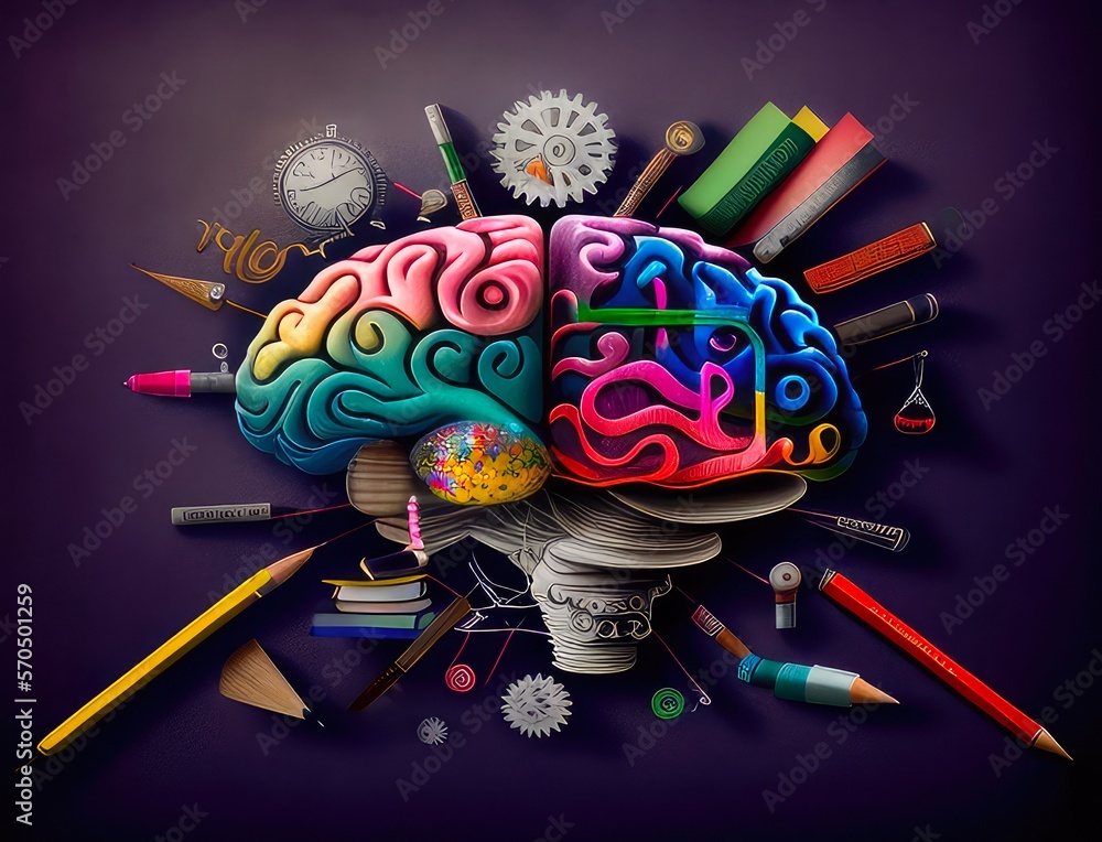 Diverse knowledge brain with many tools - illustrations, tools, creativity,  education collage Illustration Stock | Adobe Stock
