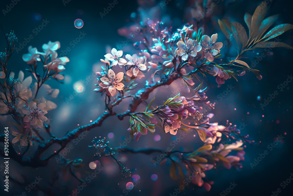 beautiful branch, mild fairy mist, pale blue plum blossom,Generative AI

