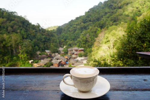 Hot Latte coffee with BAN MAE KAM PONG or MAE KAM PONG Village is little village in the valley hill mountain in Chiang mai Thailan. It beautiful and chilling place famous travel 