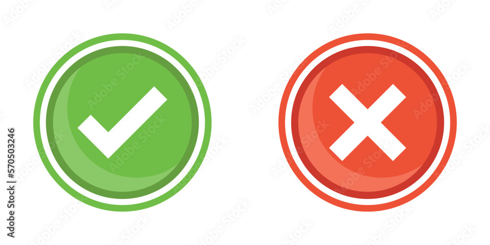Cross and check mark icon in flat style. Checkmark right vector illustration on isolated background. Tick and cross sign business concept. Cross and check mark icon in flat style. Checkmark right vector illustration on isolated background. Tick and cross sign business concept.