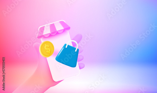 Making purchasing online concept. 3d vector banner with copy space