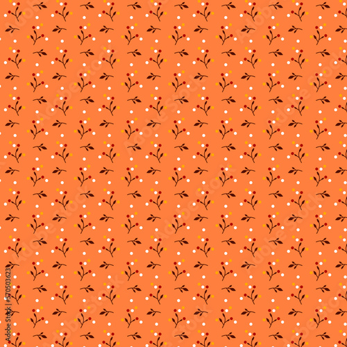 Simple botanical pattern with small colorful leaves and berries on a bright orange background