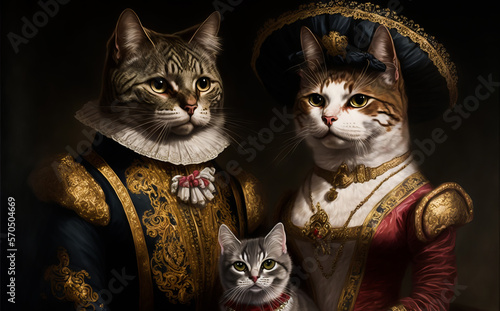 Family of cats in royal outfits of the Victorian era. Fynny cats. Royal cats. Cats as Humans concept. Picture of Cat Aristocrats, Generative AI. photo