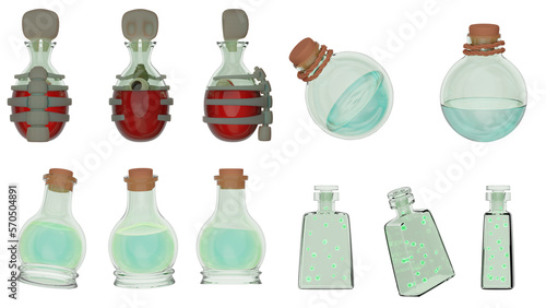 Icon set. Flasks for art projects, business, banner, template, card. 3D illustration