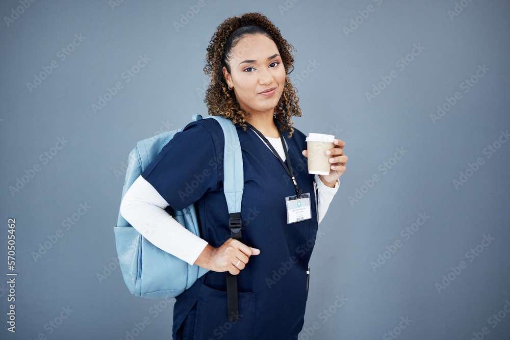 Nurse, portrait or backpack for medical student, hospital internship or medicine university on isolated wall mockup. Smile, happy or doctor and coffee, ideas or healthcare goals for woman learning Nurse, portrait or backpack for medical student, hospital internship or medicine university on isolated wall mockup. Smile, happy or doctor and coffee, ideas or healthcare goals for woman learning