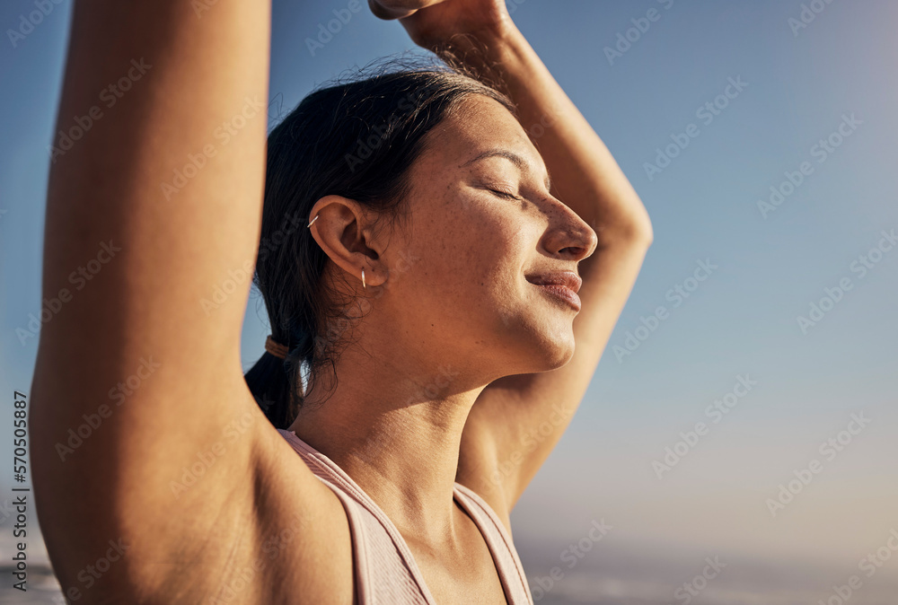 Yoga, woman and blue sky meditation in nature outdoor for fitness, training and workout. Happy model person with exercise for zen, peace and holistic time for health and wellness with beach pilates Yoga, woman and blue sky meditation in nature outdoor for fitness, training and workout. Happy model person with exercise for zen, peace and holistic time for health and wellness with beach pilates