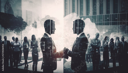 Double exposure image of business people conference group meeting on city office building in background Created by generative AI