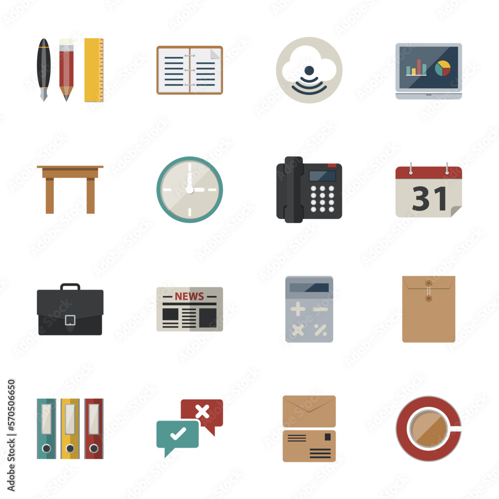 Business object and stationery icons set, Flat design icon