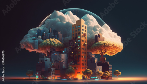 Concept of artificial intelligence buildings on a circuit board digital illustration with 3d trees, realistic clouds, starry night, city lights and neon lights Created by generative AI © Drasen