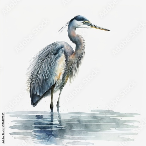 Minimalist Watercolor Illustration of a Great Blue Heron in Water, Isolated on W Fototapet