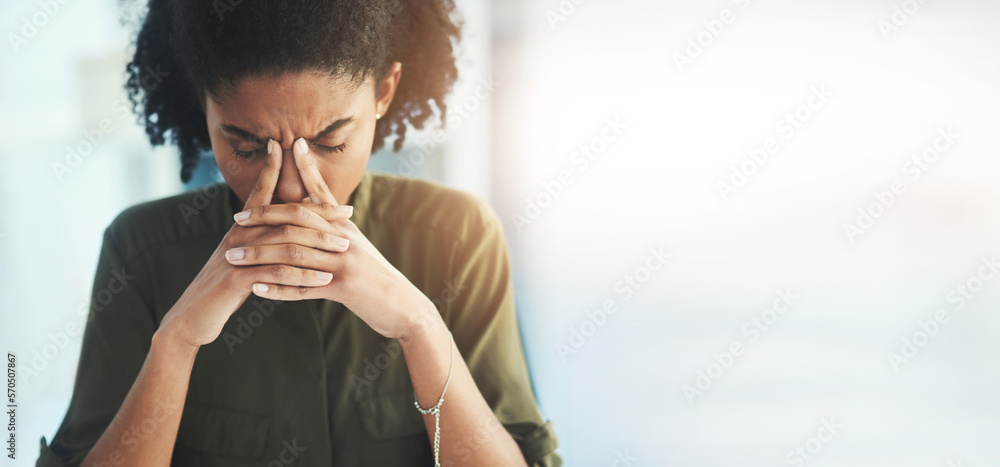 Mockup, business and black woman with stress, depression and mental health with burnout, overworked and deadline. Corporate, female employee and leader with headache, anxiety and schedule in office - obrazy, fototapety, plakaty 
