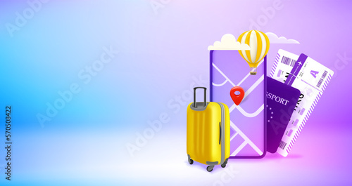 Travel with mobile map concept. Vector 3d banner with copy space