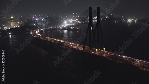 Sea link Mumbai Worli bridge, aerial night drone view, India, 4k cinematic