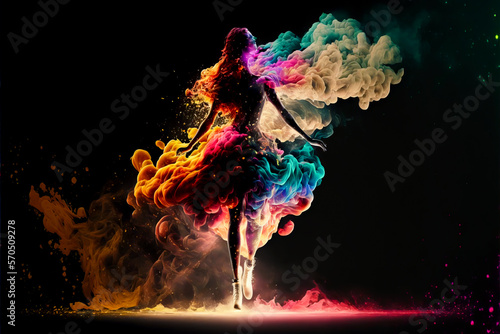 Female dance in abstract multi color paint explosion on black background. Freeze motion female jump through paint splash. Paint clouds with person silhouette on black background, Generative AI.