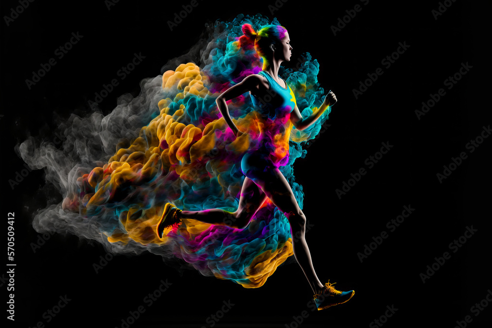 Female run in abstract multi color paint explosion on black background. Freeze motion female athlete running through paint cloud. Paint clouds with person silhouette on black background, Generative AI