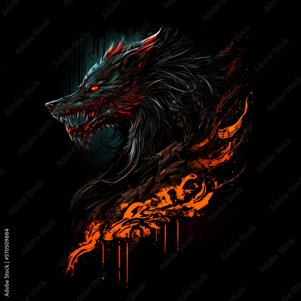 Mystical scandinavian beast wolf Fenrir in flame and darkness. Fenrir's beast head on black background. North Mythology background, Generative AI. - obrazy, fototapety, plakaty 