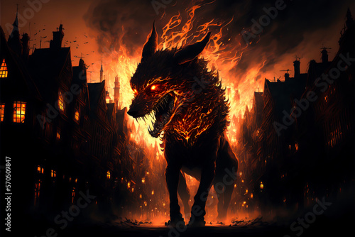 Fototapete Mystical scandinavian beast wolf Fenrir destroying modern city