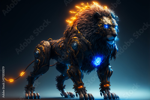 Cyber lion with neon glowing eyes and bodyparts on dark background, Generative AI. Cyborg lion. Robot lion. Futuristic predator.
