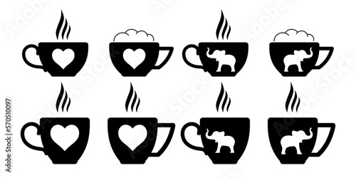 Cup of coffee. A cup with a heart pattern. A cup with an elephant pattern. Cup of tea