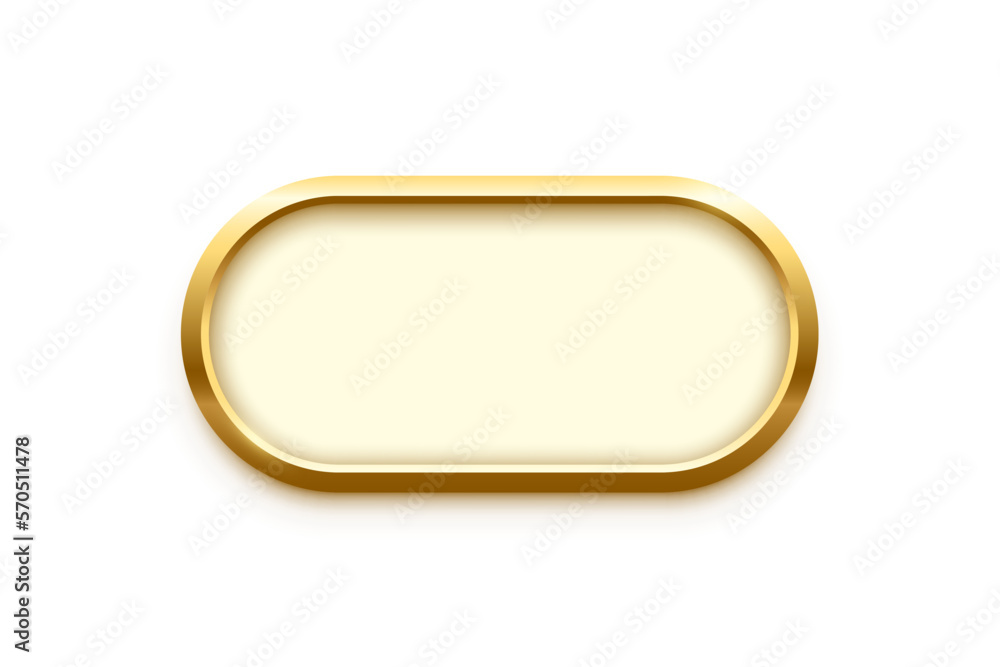 Vecteur Stock 3d plate button of ellipse shape with golden frame vector  illustration. Realistic isolated website element, golden glossy label for  game UI, oval badge of navigation menu with light effect on