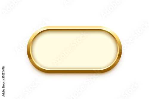 3d plate button of ellipse shape with golden frame vector illustration. Realistic isolated website element, golden glossy label for game UI, oval badge of navigation menu with light effect on border photo