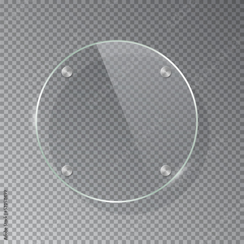 Glass circle shape plate isolated on transparent background. Vector realistic round acrylic frame with steel rivets