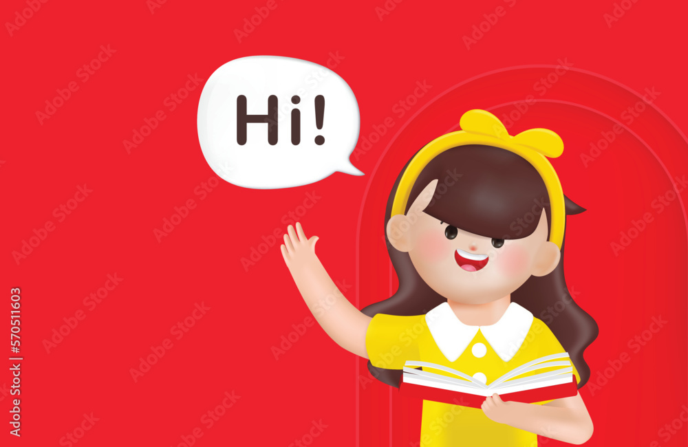 3d cartoon woman character greeting with hands up. 3d vector cartoon people design. Reading a book at the library. 3d cartoon woman character greeting with hands up. 3d vector cartoon people design. Reading a book at the library.