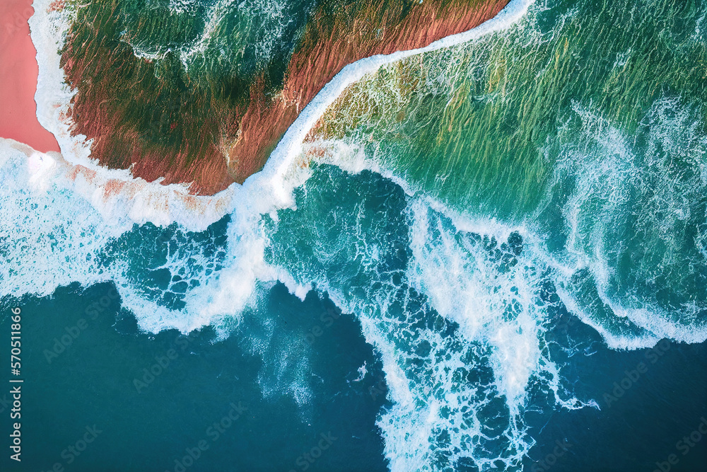 Spectacular top view from drone photo of beautiful pink beach with relaxing sunlight, sea water waves pounding the sand at the shore. Calmness and refreshing beach scenery. - obrazy, fototapety, plakaty 
