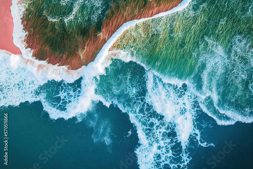 Obraz na plátne Spectacular top view from drone photo of beautiful pink beach with relaxing sunlight, sea water waves pounding the sand at the shore