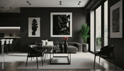 Minimalist black style interior design idea. Generative AI © Matyfiz