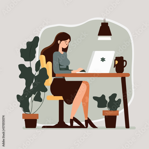 Young woman working using laptop flat cartoon vector illustration