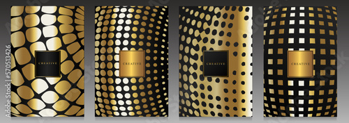 Set of black and gold covers. Golden, curved, puffy effect , rounded shapes on black background. Elegant brochures, luxury events, metallic effect flyers.