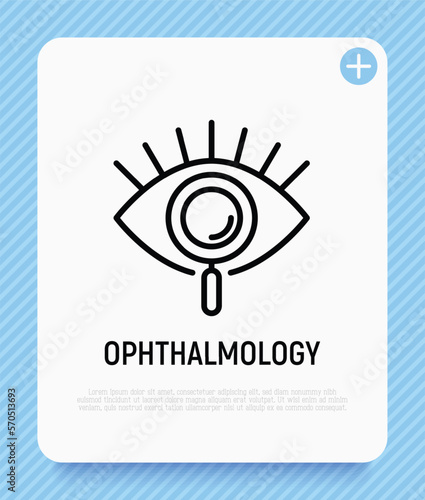 Ophthalmology thin line icon. Human eye under magnifier. Logo for vision correction clinic. Vector illustration.