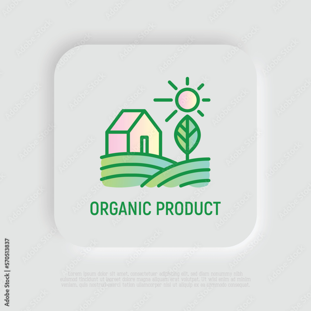 Organic product thin line icon. Farmer's house in field. Modern vector illustration. Organic product thin line icon. Farmer's house in field. Modern vector illustration.