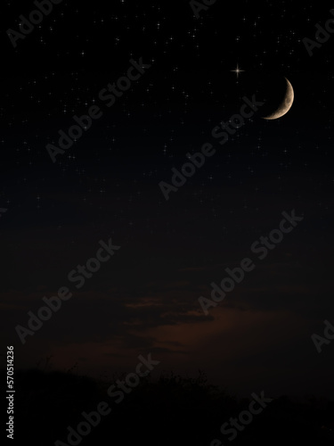 Ramadan Background Symbols,Crecent Moon with Star on Black Night sunset Landscape,Design Landscape Celebration Arabic Muslim religion,Traditional Mubarak New Year Muharram,Eid-Al-Adha Holy Vertical.