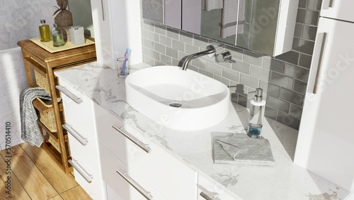 vanities with glass tiles and quartz counter