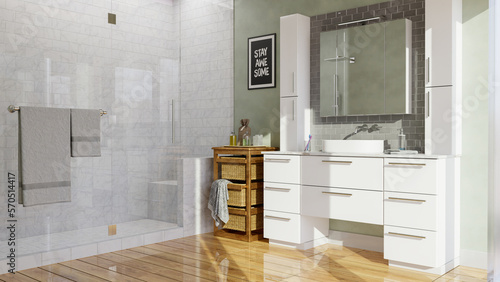 design idea of modern bathroom interior with white vanity cabinet and quartz countertop  tile backsplash  marble tiled bath shower and porcelain floor tiles with wooden textures