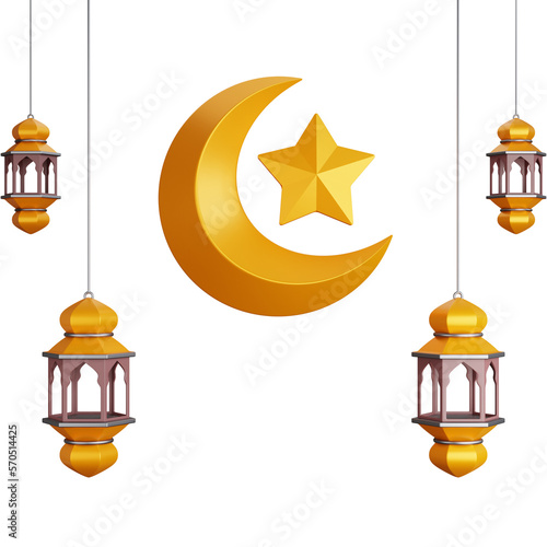 3D Rendering four lantern lights with a crescent moon isolated