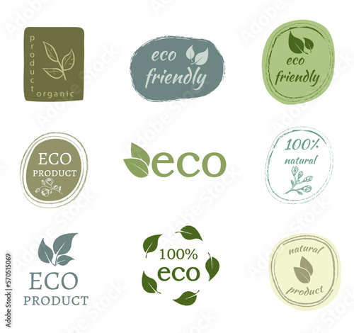 Fototapeta Naklejka Na Ścianę i Meble -  Vector set of hand drawn eco logos and emblems of organic food, natural products, advertising badges collection, organic product promotion, healthy lifestyle. isolated on white background