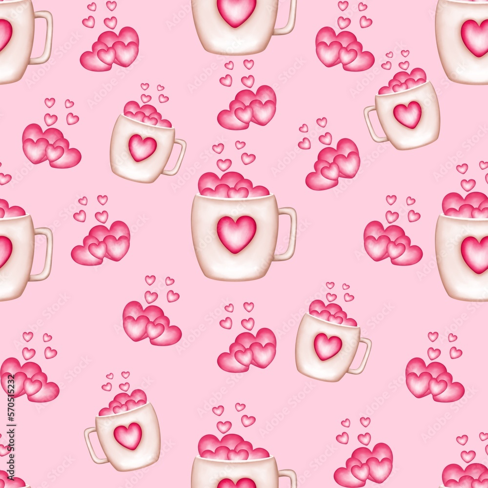 Hand drawn watercolor cup of love and pink heart.Valentine’s Day,birthday,wedding,baby shower,wrapping paper, etc. Hand drawn watercolor cup of love and pink heart.Valentine’s Day,birthday,wedding,baby shower,wrapping paper, etc.