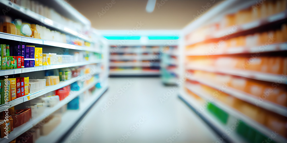 Blurred Department Store Interior: A Modern Grocery Aisle with Defocused Shelves and Products for a Shopping Mall or Supermarket Background. Copy space. Generative AI