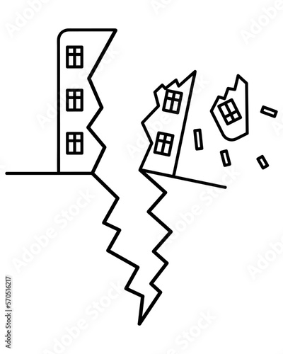 The house cracked due to the tremors of the earthquake. Part of the house collapses and falls piece by piece. The roof and structures fly to the sides. Sketch.Vector illustration. Outline on isolated 