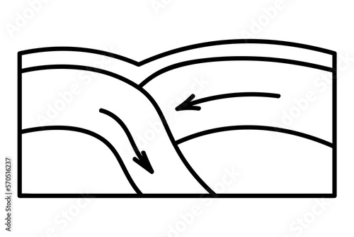 Movement of lithospheric plates. The focus of the earthquake. Sketch. Tectonic plates are on top of each other. The arrows show the displacement of rocks. Earth tremors.  Vector illustration.