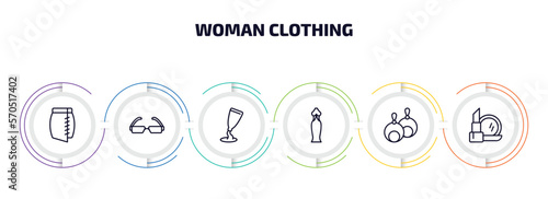 woman clothing infographic element with outline icons and 6 step or option. woman clothing icons such as skirt black short, rectangular eyeglasses, creme container black, long black gown, round