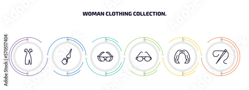 woman clothing collection. infographic element with outline icons and 6 step or option. woman clothing collection. icons such as clothes, liquid eyeliner, glasses for eyes, round eyeglasses, ,