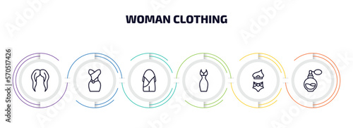 woman clothing infographic element with outline icons and 6 step or option. woman clothing icons such as hair wig, strapless tube dress, hobo shoulder bag, feminine fashion, bikini, parfum bottle