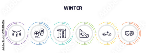 winter infographic element with outline icons and 6 step or option. winter icons such as lights, mittens, ski equiptment, avalanche, snowmobile, snow goggle vector.