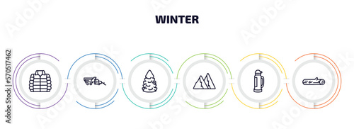 winter infographic element with outline icons and 6 step or option. winter icons such as anorak vest, snowplow, fir, snowy mountain, themos flask, logs vector.