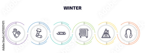 winter infographic element with outline icons and 6 step or option. winter icons such as winter clothes, christmas sock, sled, heater, cabin, earmuffs vector.